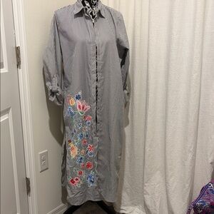 Striped Long Sleeve Coat with Floral Embroidery